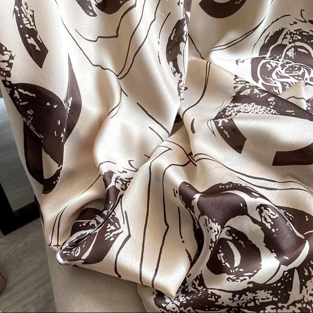 Bronzed Cream Silk Mixed Monogram Designer Inspired Luxury Oversized Scarf